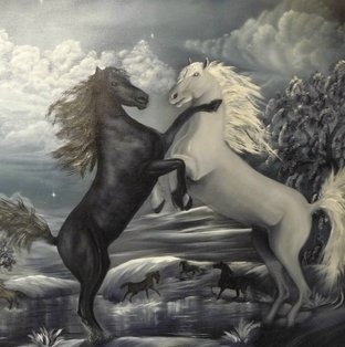 "White Misty och Black Beauty". Egen komposition. Blandteknik, akryl och olja på duk, 80 x 62 cm.