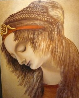 "Flicka (grekisk?), med flätat hår". Ur skiss av L. Da Vinci. Torrpigment på panel. 30X40 cm.