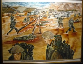 Verklighetsskildring, Landstigningen i Normandie, 6 Juni 1944 D-Day. Blandteknik på kartong. Våren 2013. 40X50 cm.